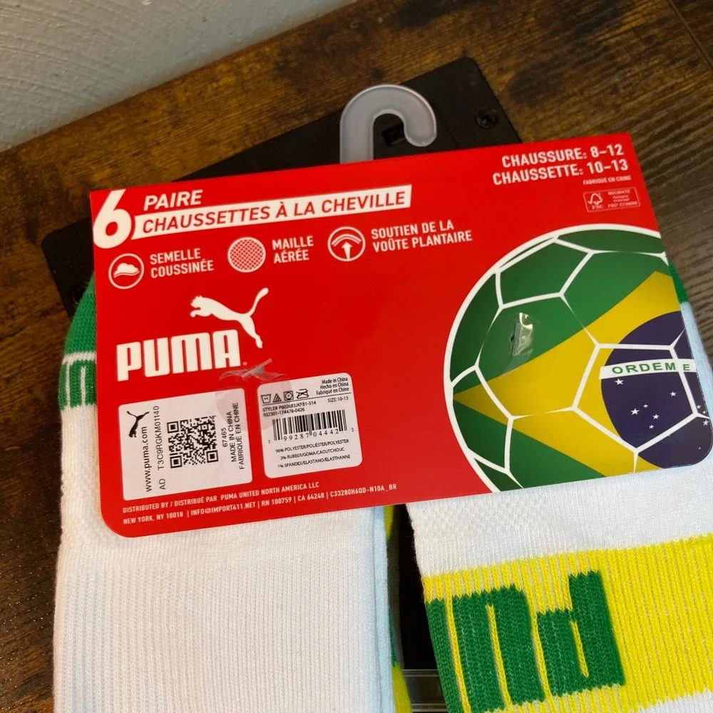 Puma World Cup Socks Selecao Brasil Futebol Mens 8-13 Quarter Crew 6 Pair 2026
